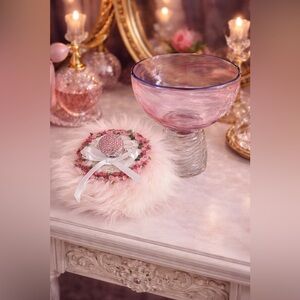 Soft Pink Retro Powder Puff In Crystal Dish Boudoir Vanity Gift Shabby Girly